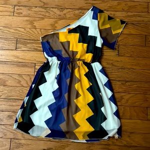 Black, white, yellow, purple, and brown chevron one shoulder dress, size M